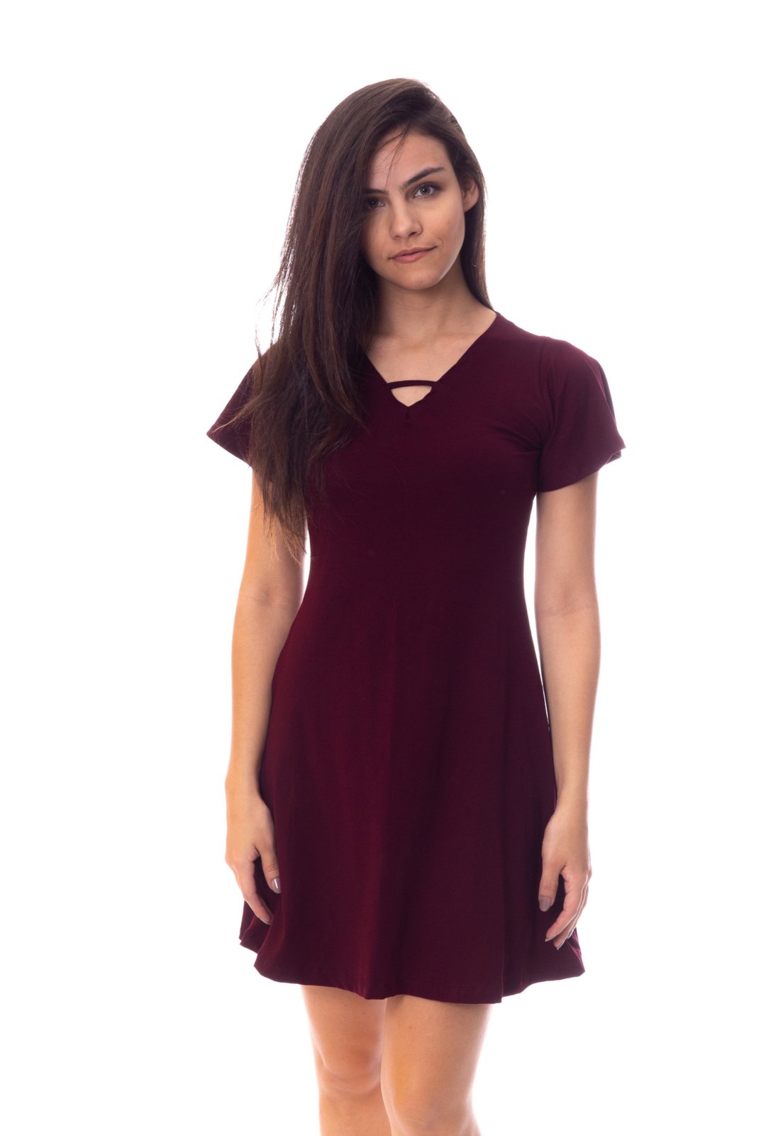 Vestido Moda Vicio Manga Curta Com Tira na Frente Vinho