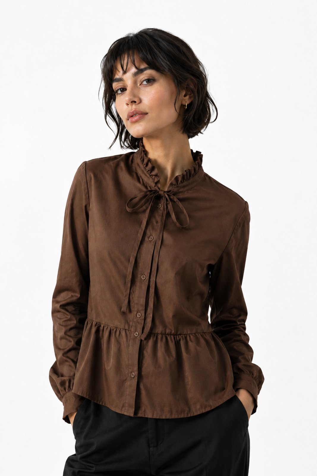 Blusa Manga Longa Feminina D Bell Outlet Fashion Peplum Marrom