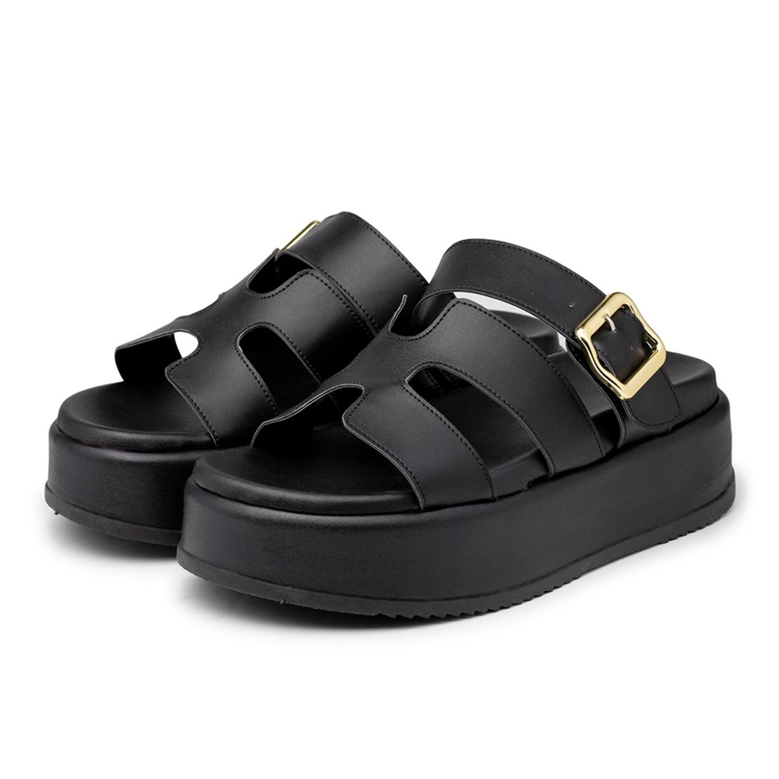 Sandália Feminina Papete Flatform Tira Com Fivela 5301 Preta Flor Da Pele