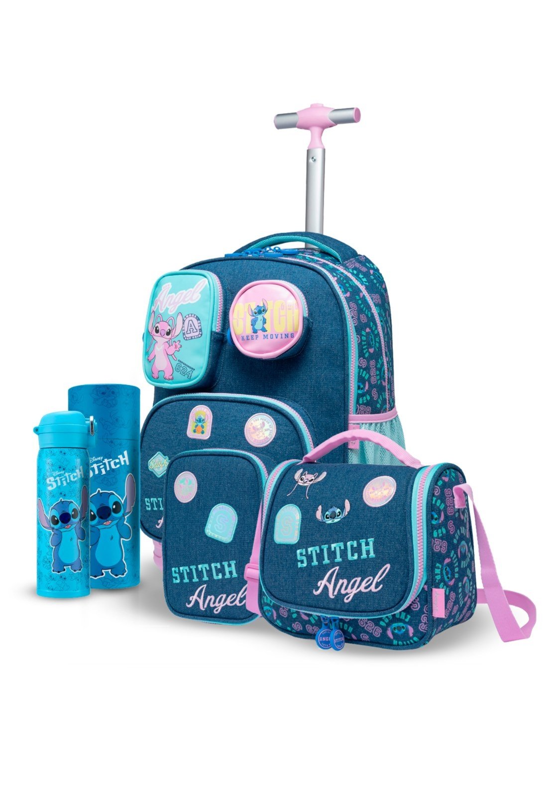 Infantil - Kit Mochila Rodinha Stitch Disney Escolar Garrafa Estojo Lancheira Espaçosa