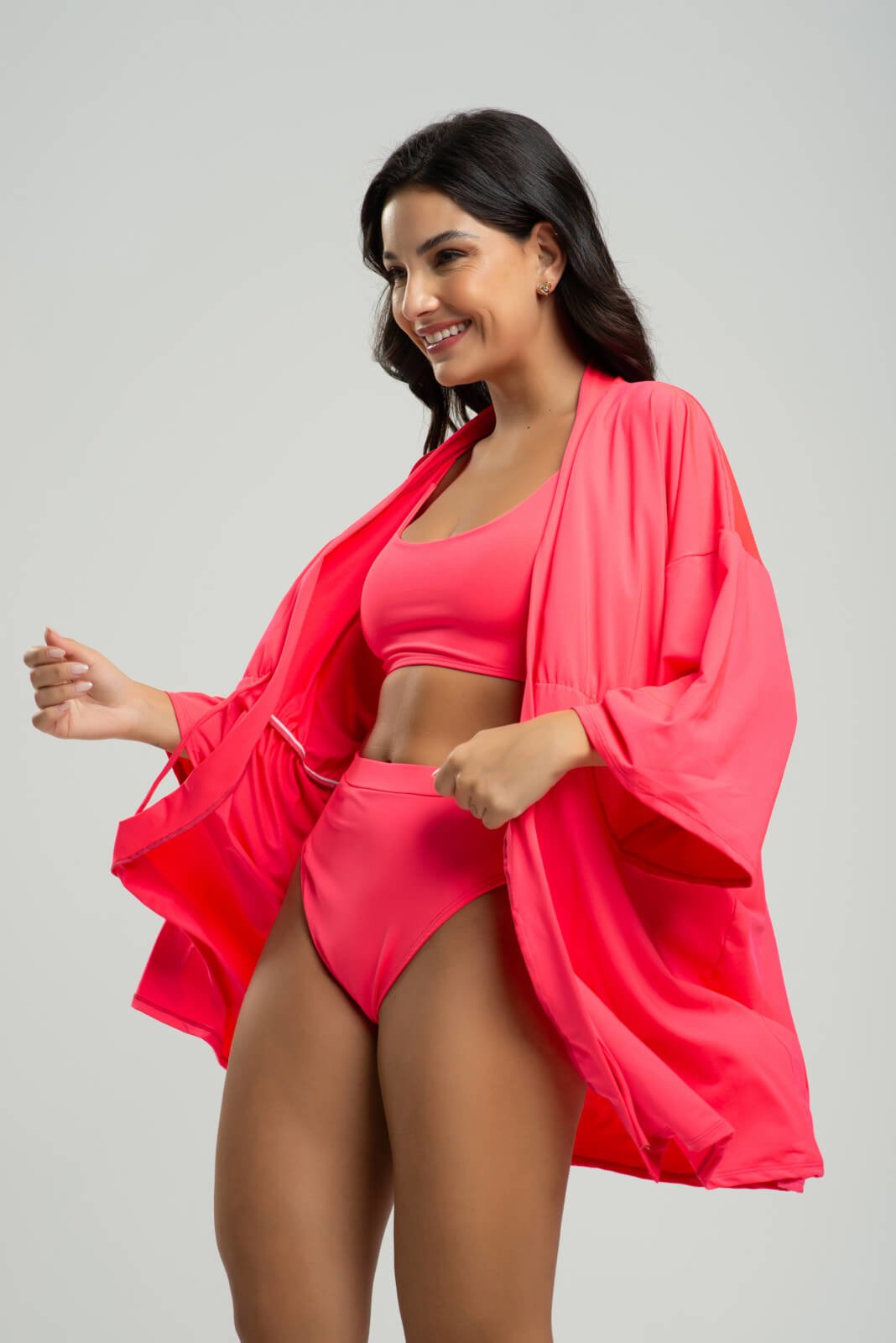 Vista 2 Saída de Praia Kimono Manga Longa Feminino Vicbela Rosa pink/rosa rosa Vicbela pink/rosa rosa