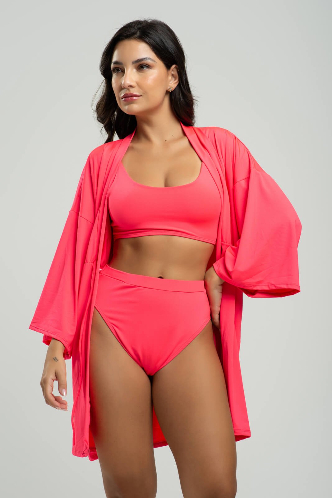 Vista 3 Saída de Praia Kimono Manga Longa Feminino Vicbela Rosa pink/rosa rosa Vicbela pink/rosa rosa