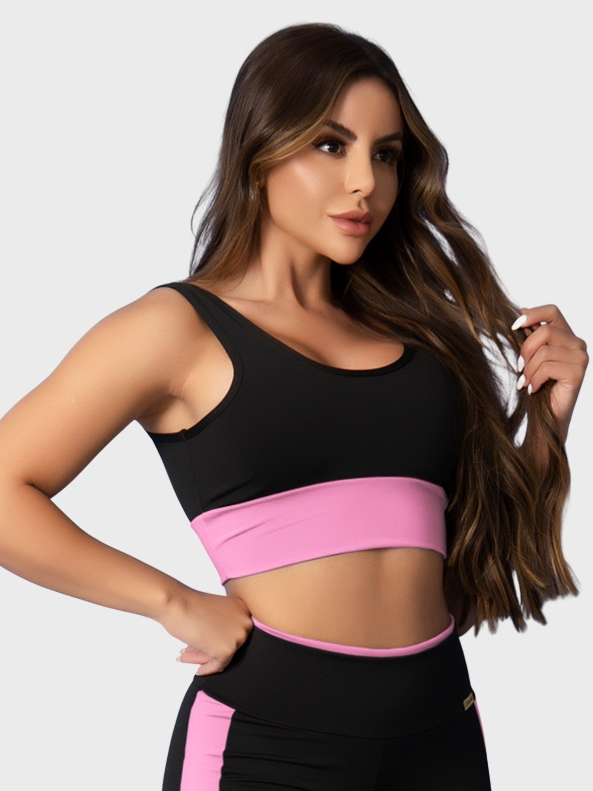 Top Fitness Tarelles Alça Larga Forrado Preto e Rosa Claro