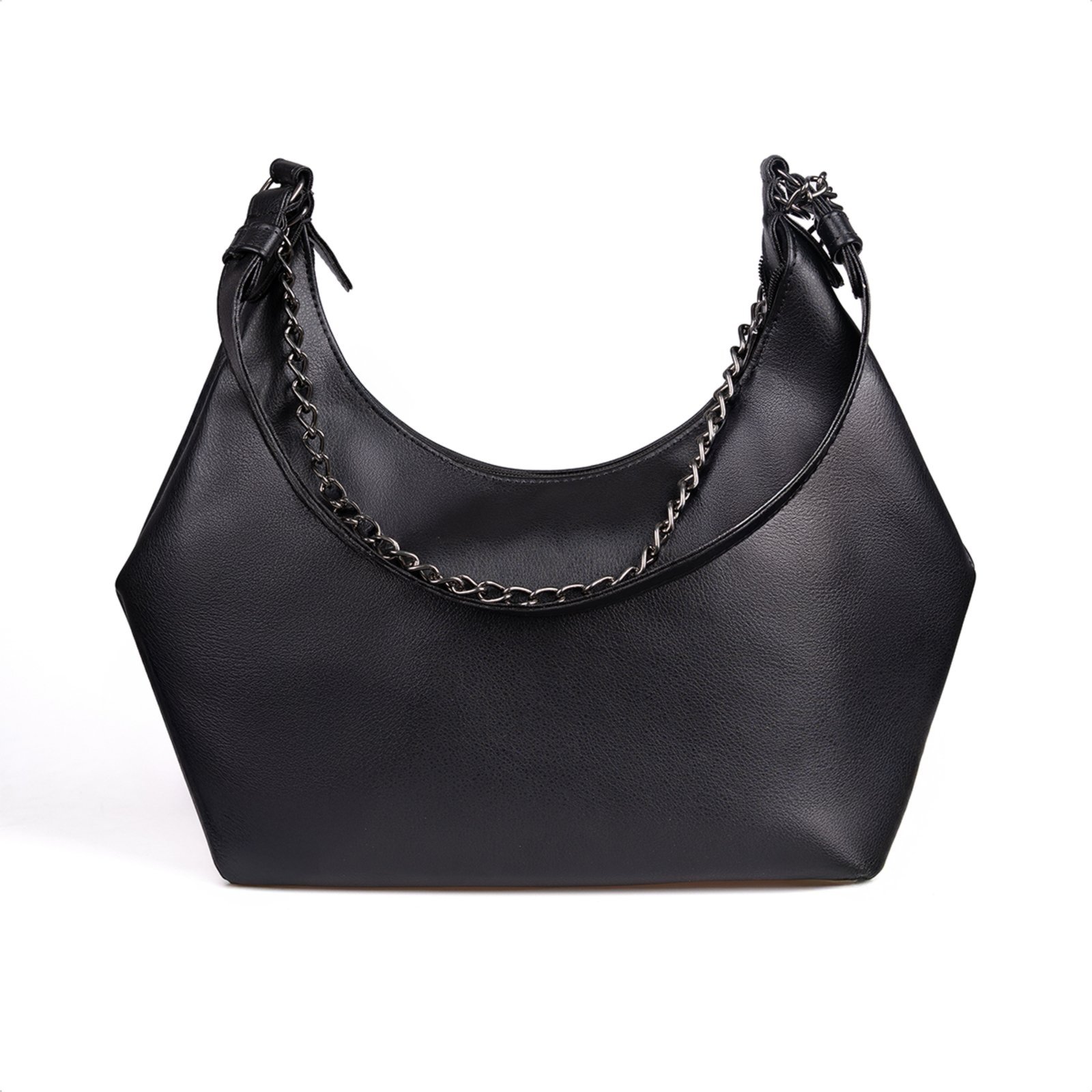 Vista 3 Bolsa Feminina Preta Domidona Hobo Média Detalhe Corrente Metalizada preto Domidona preto
