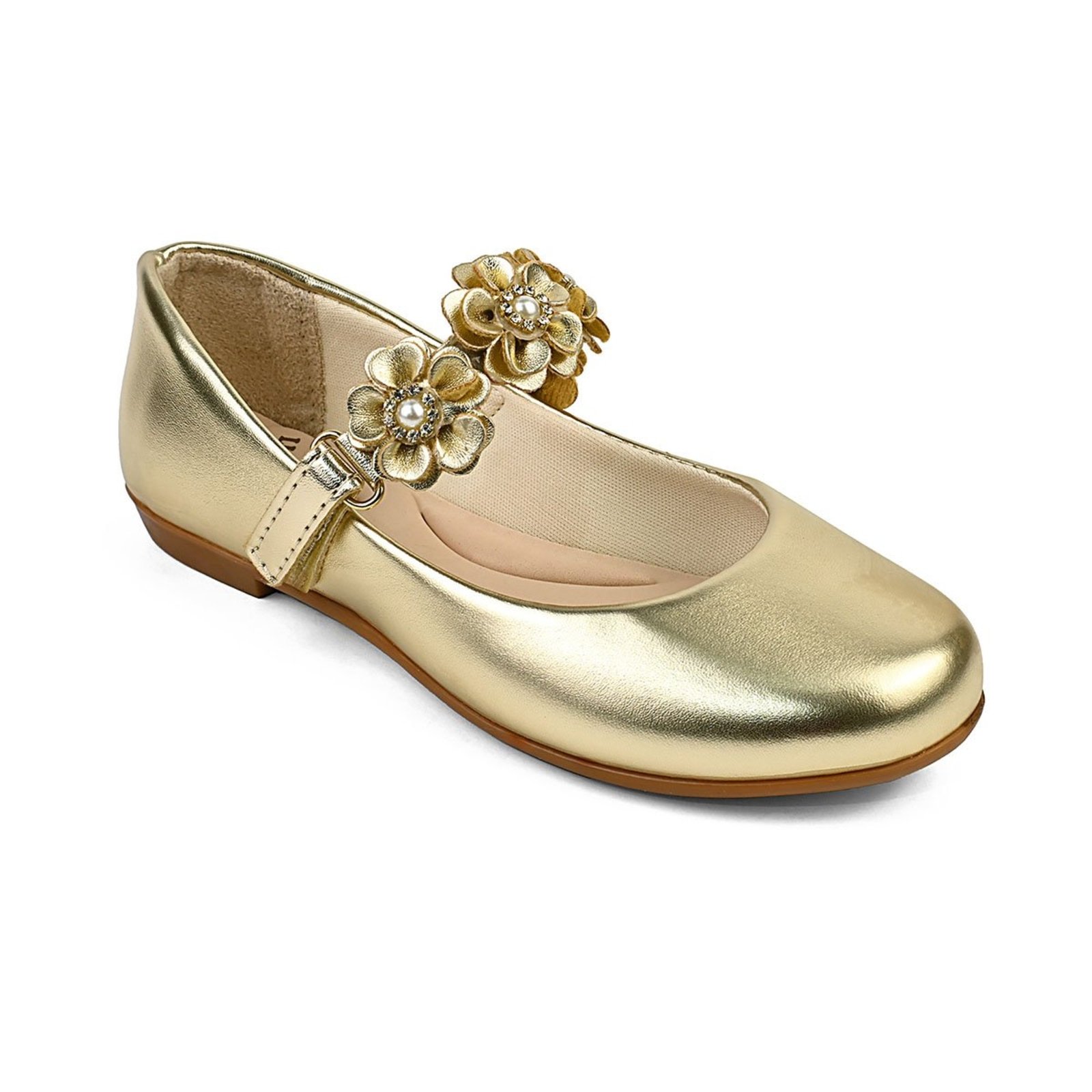 Infantil - Sapatilha Feminina Flores c/ Perola e Strass Elegante Dourado Lulopé