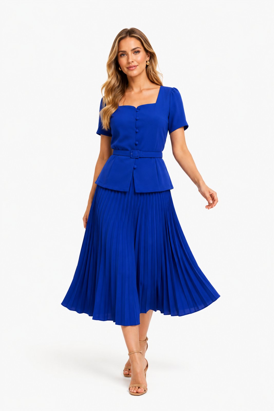 Conjunto Saia Midi D Bell Outlet Fashion Plissada Azul