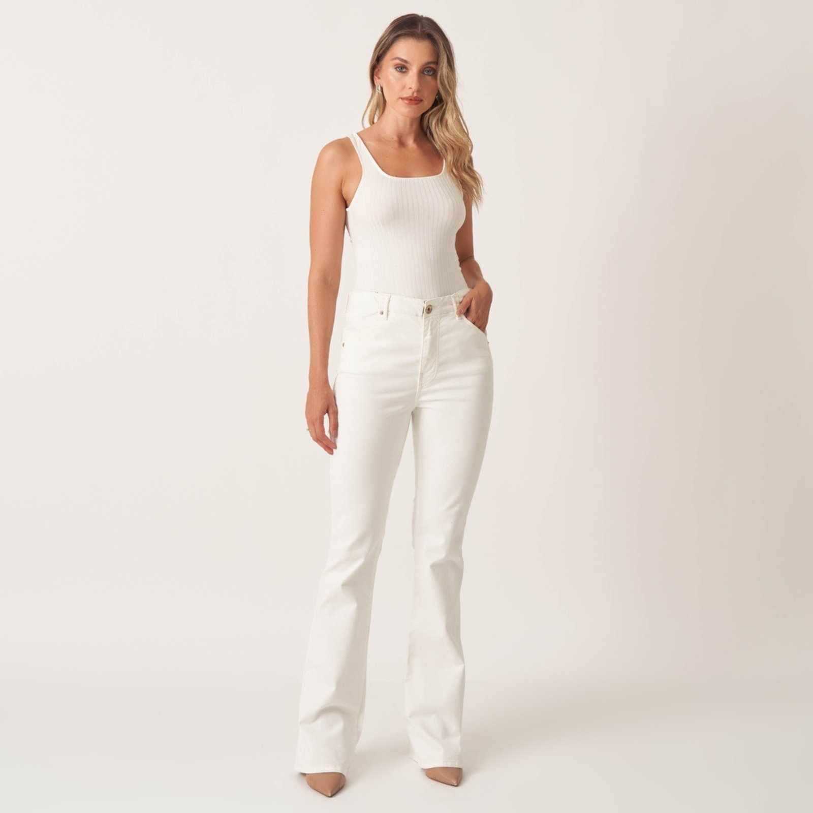 Vista 3 Calça Jeans Confort Flare Cintura Alta Cós Revel Listras Bloom nude Bloom nude