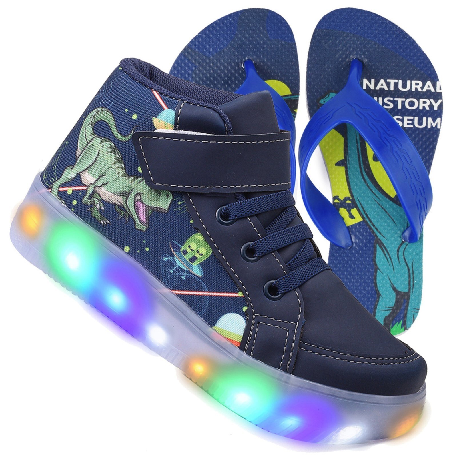 Infantil – Tenis Masculino de Led Botinha Dinossauro Calce Facil Original + Chinelo