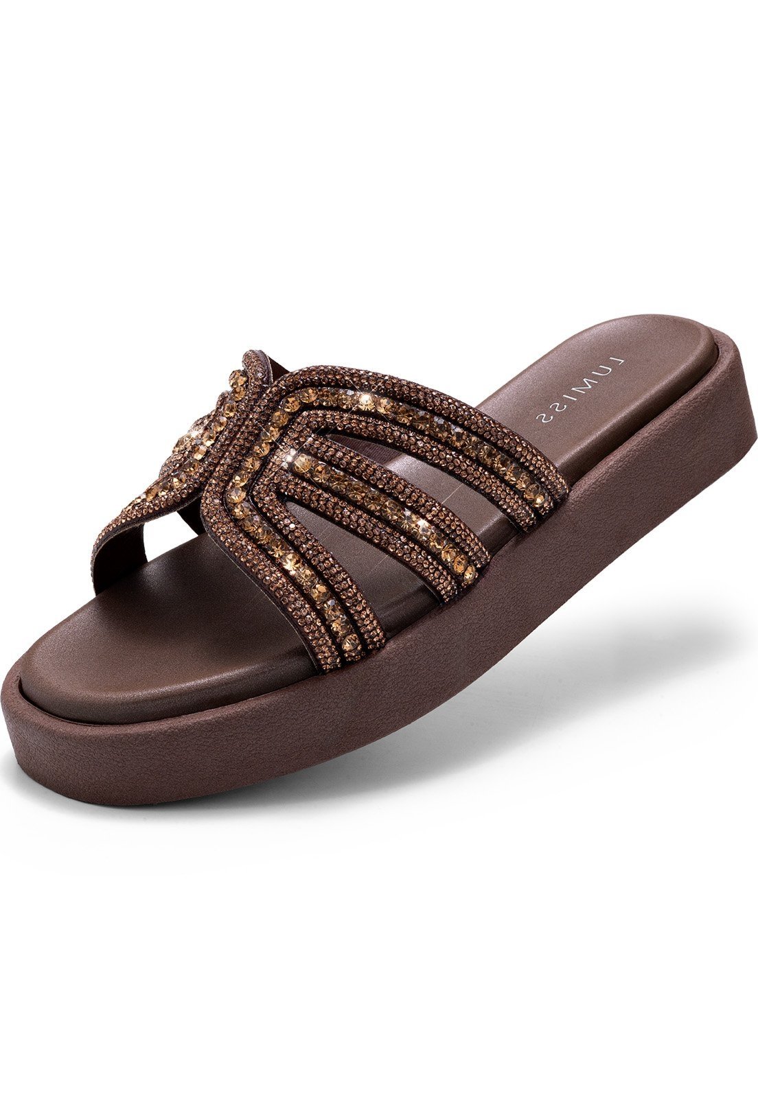 Sandália Feminina Lumiss Flatform Tamanco Confortável Brilho Casual Strass Marrom