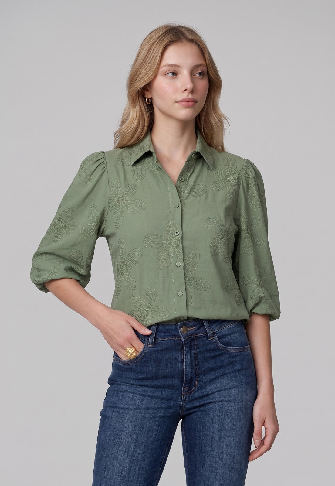 Camisa Intens Manga 3/4 Viscolinho Bordado Verde