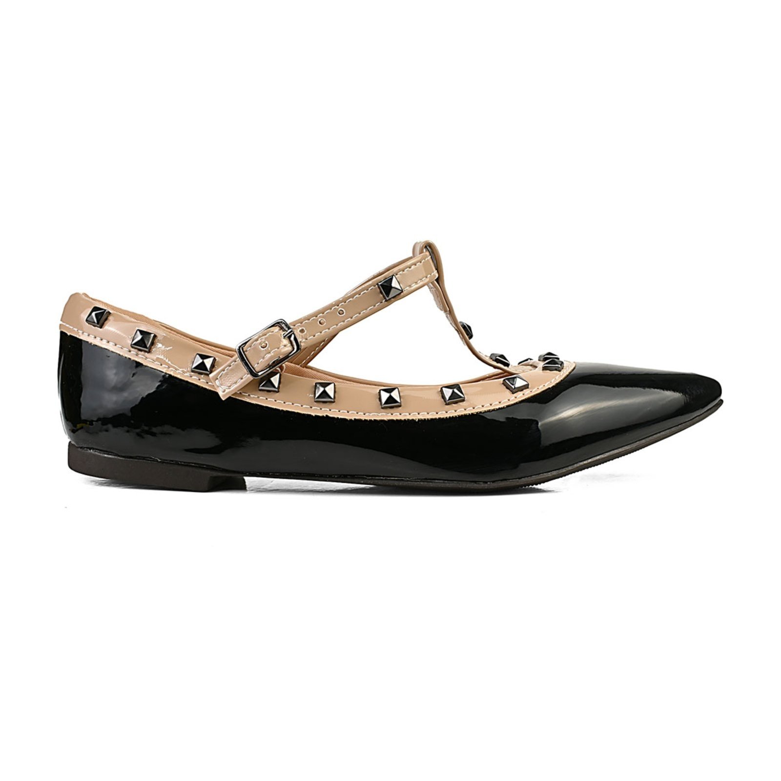 sapatilha feminina bico fino mary jane com verniz comspikes e fivela confort Preto Nude