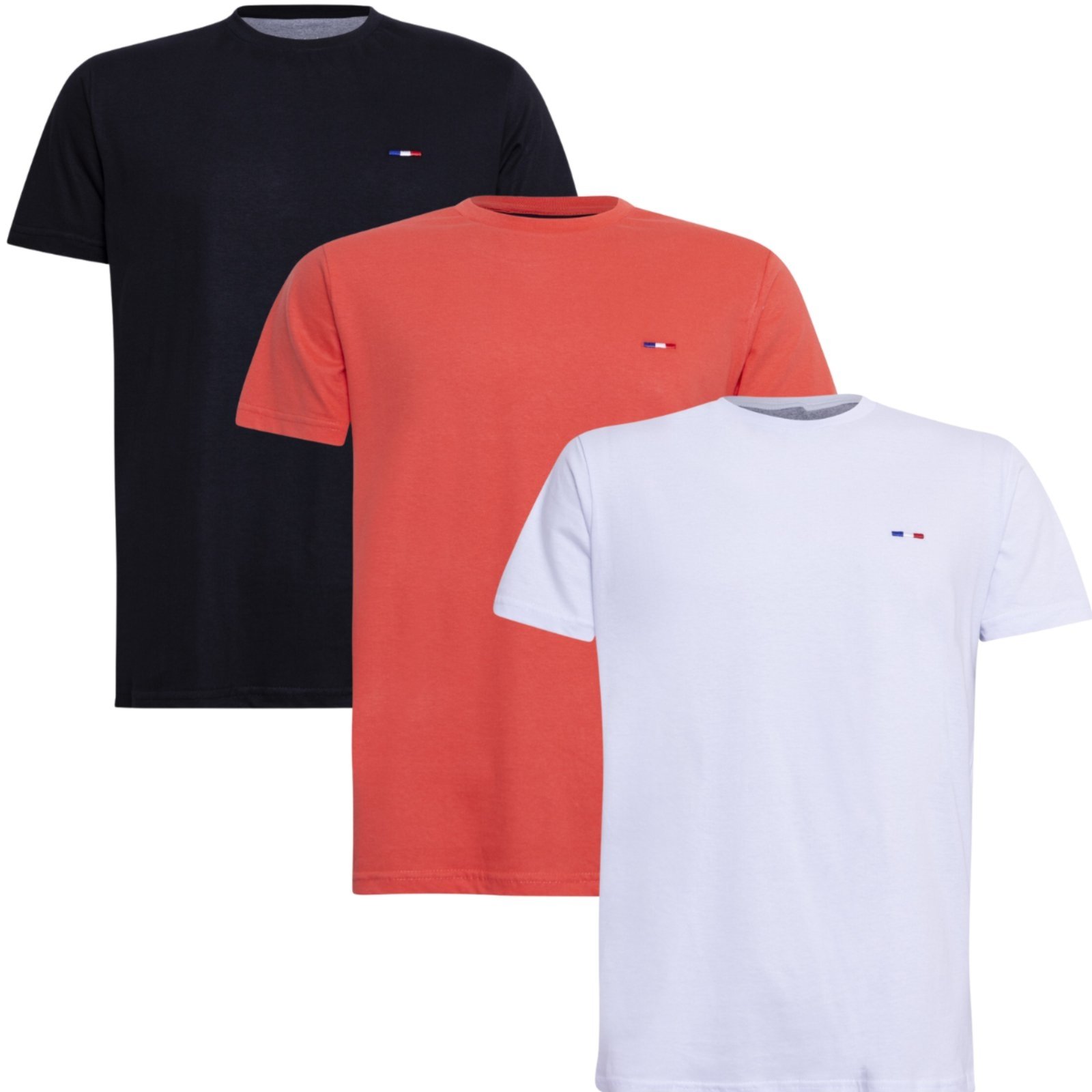 Kit 3 Peças Camisetas Básicas Masculina FMF em Algodão Premium no Estilo Tommy Bordado França Laranja Branco Preto