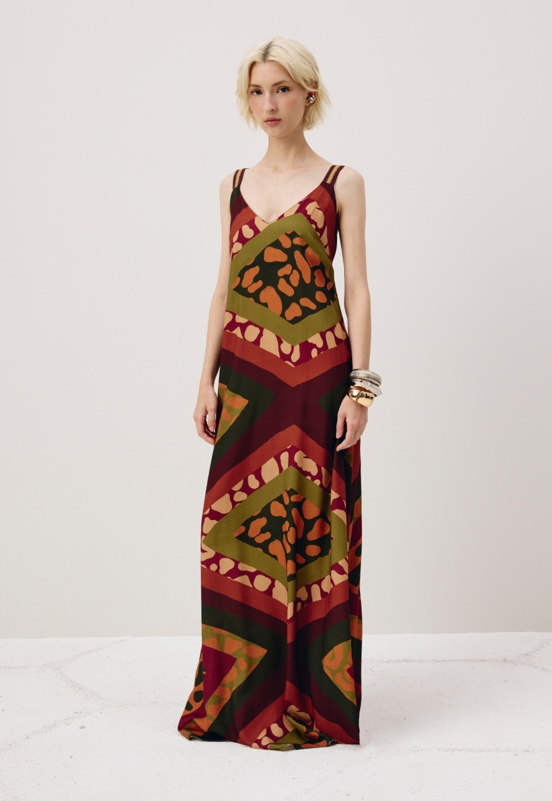 Vestido Longo Alça Crochê Estampado Leon