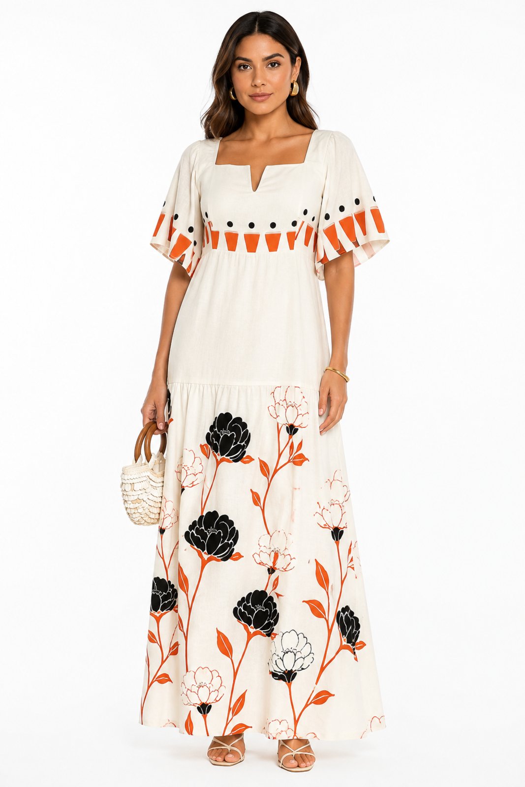 Vestido Longo D Bell Outlet Fashion Viscose Sarjada Estampado Off White