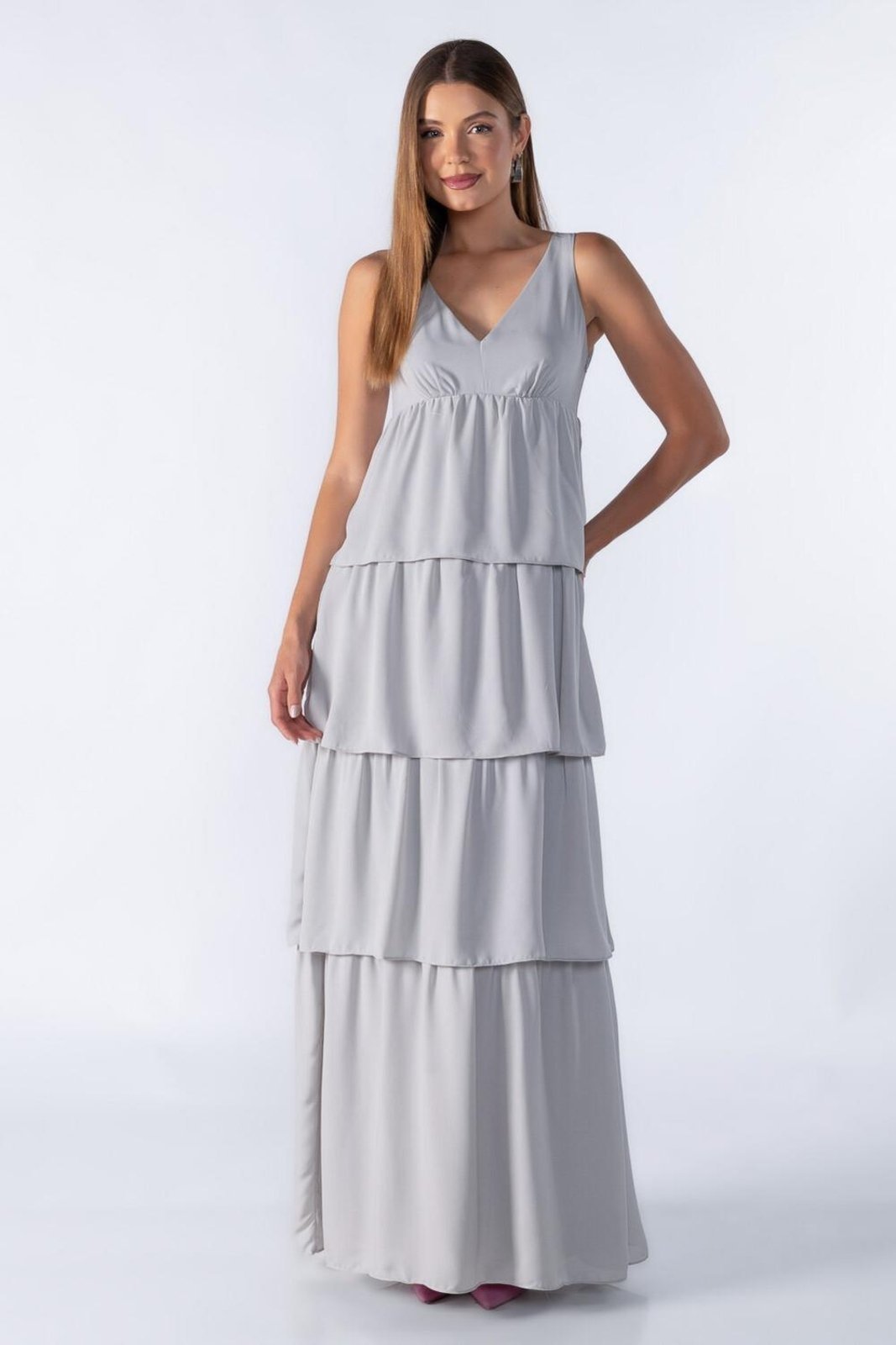 Vestido longo com babados Cinza