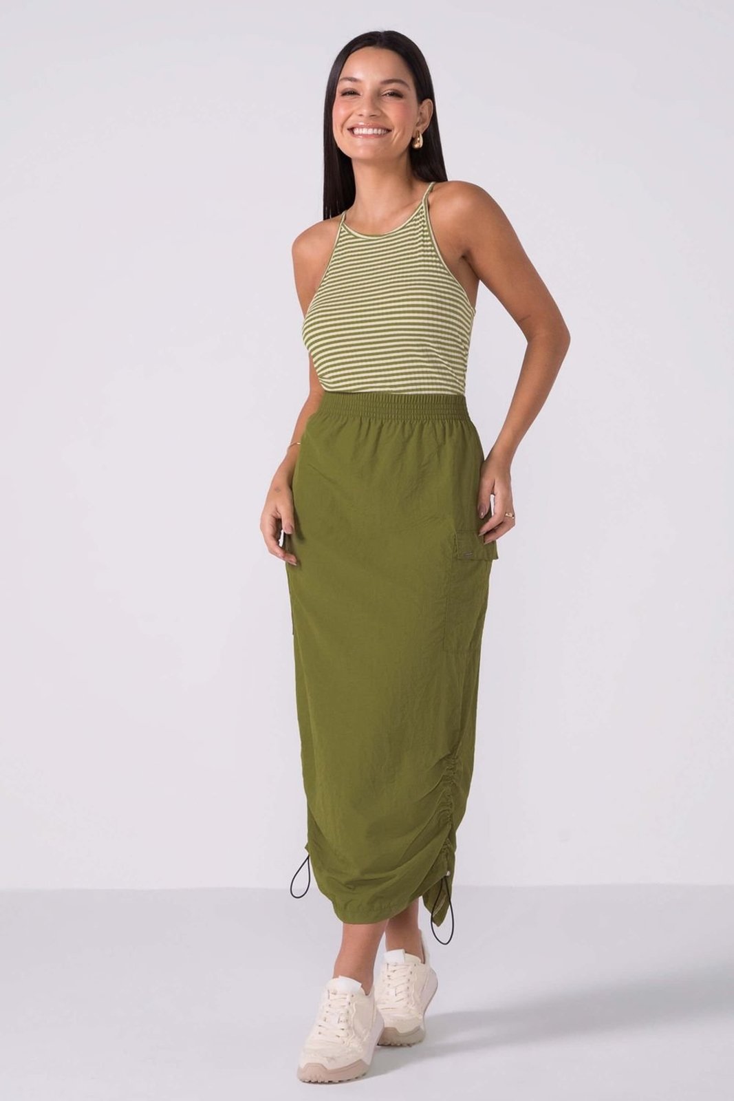 Saia Feminina Cargo Midi Ajustável Marialícia Verde