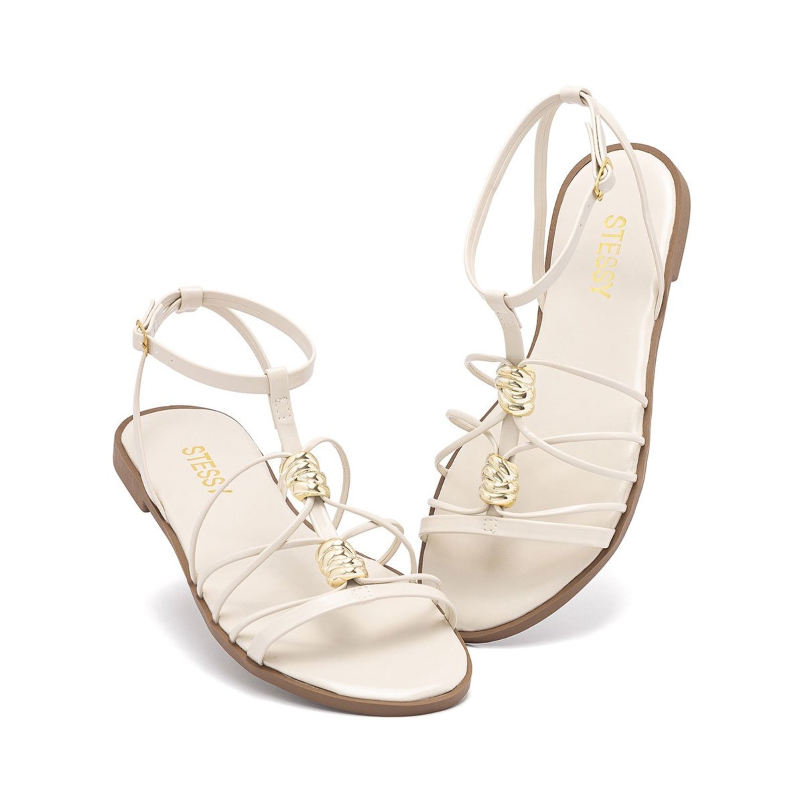 Sandália Feminina Rasteira Verão Confortável Tiras Delicadas Com Enfeite Metalizado Off White
