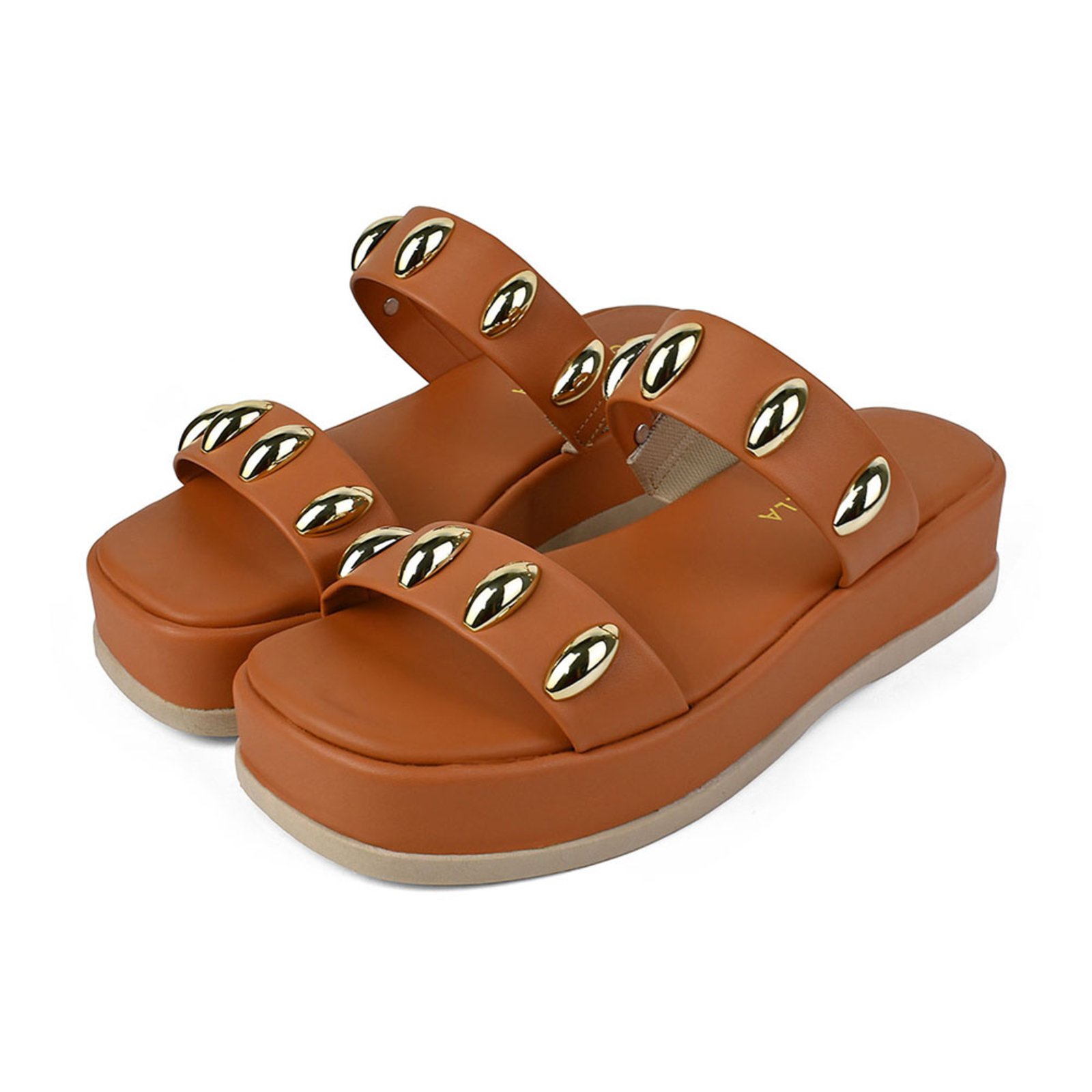 Sandália Feminina Donatella Shoes Flatform Tamanco Plataforma Com Aplicação Dourada Duas Tiras Casual Caramelo
