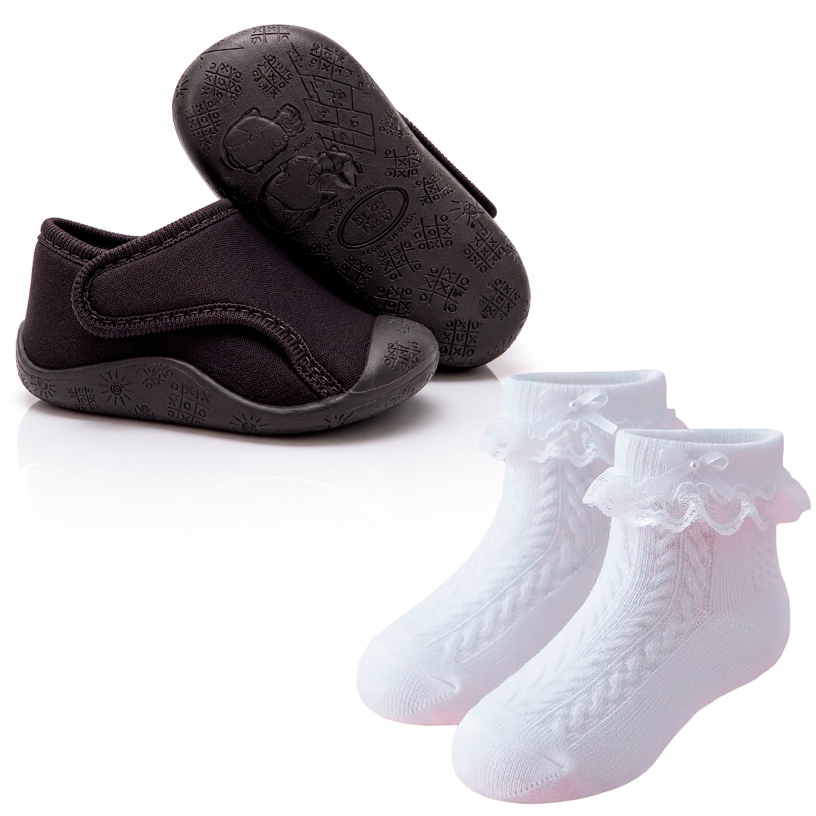 Infantil - Kit Tênis Preto e Meia Cano Curto Laço Pérola Pepite
