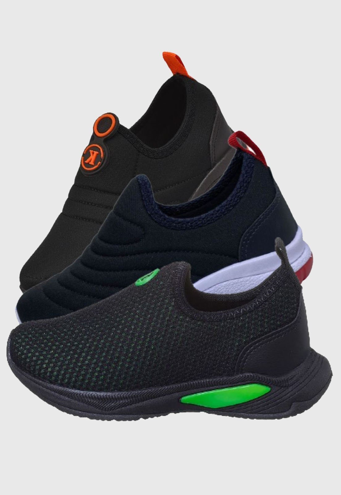 Infantil – Kit 3 Pares Tênis Calce Facil Masculino Preto Verde Preto Laranja Preto Vermelho tep