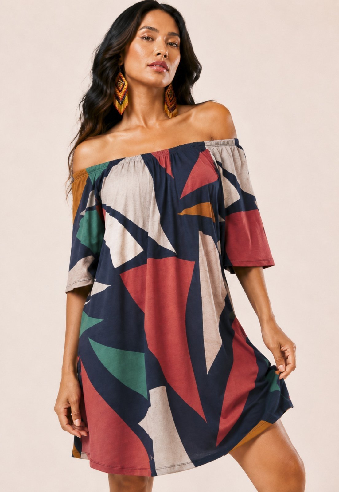 Vestido Amazonia Vital Curto Malha Ombro a Ombro Mullet Amplo Geometrias do Tempo
