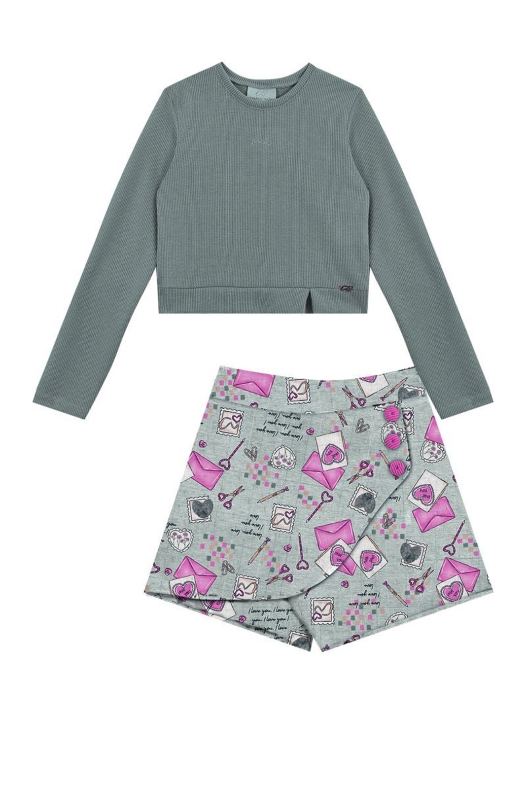 Infantil - Conjunto Cinza Blusa em Malha Peletizada e Shorts Saia Envelope