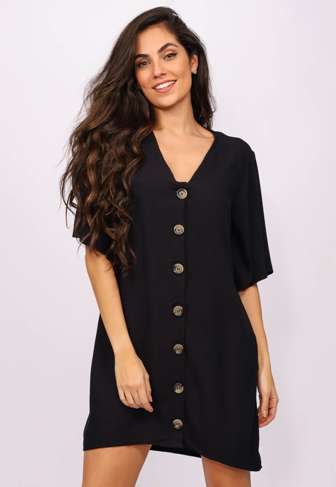 Vestido Curto Camisa Viscose Preto