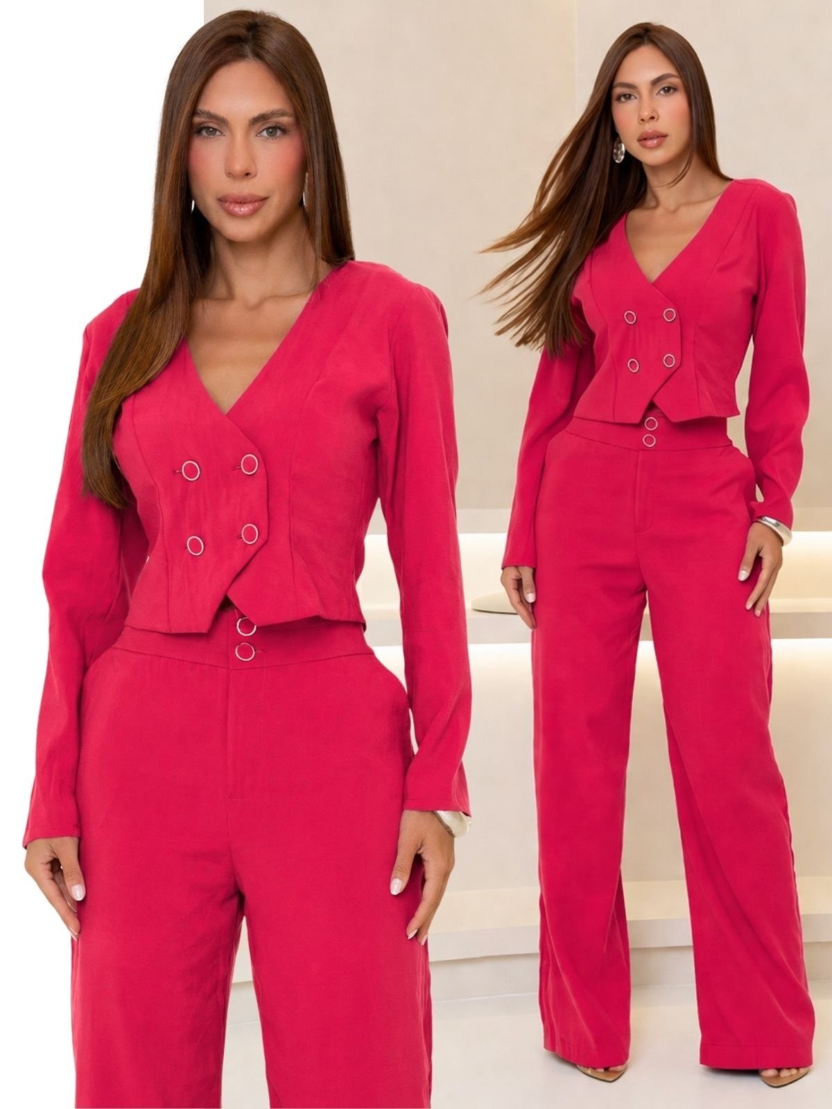 Conjunto Feminino Alfaiataria Tropical Fashion Blusa Colete e Calça Pantalona - Vermelho Campari
