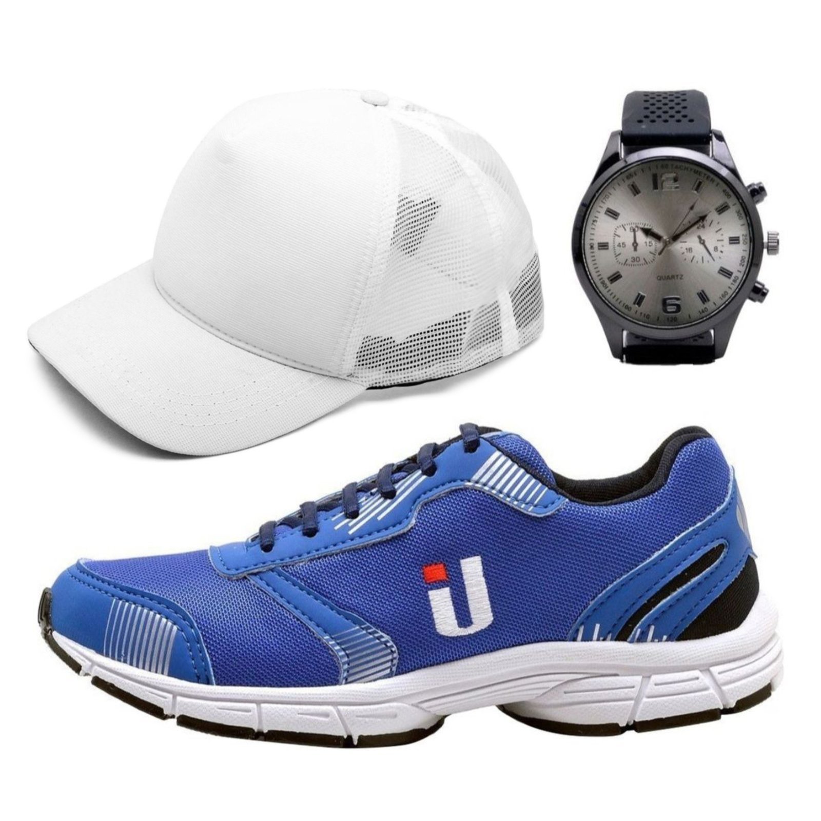 Tênis Masculino Esportivo Izabella Helena Academia Treino Confortável Leve com Relógio e Boné Combo Azul