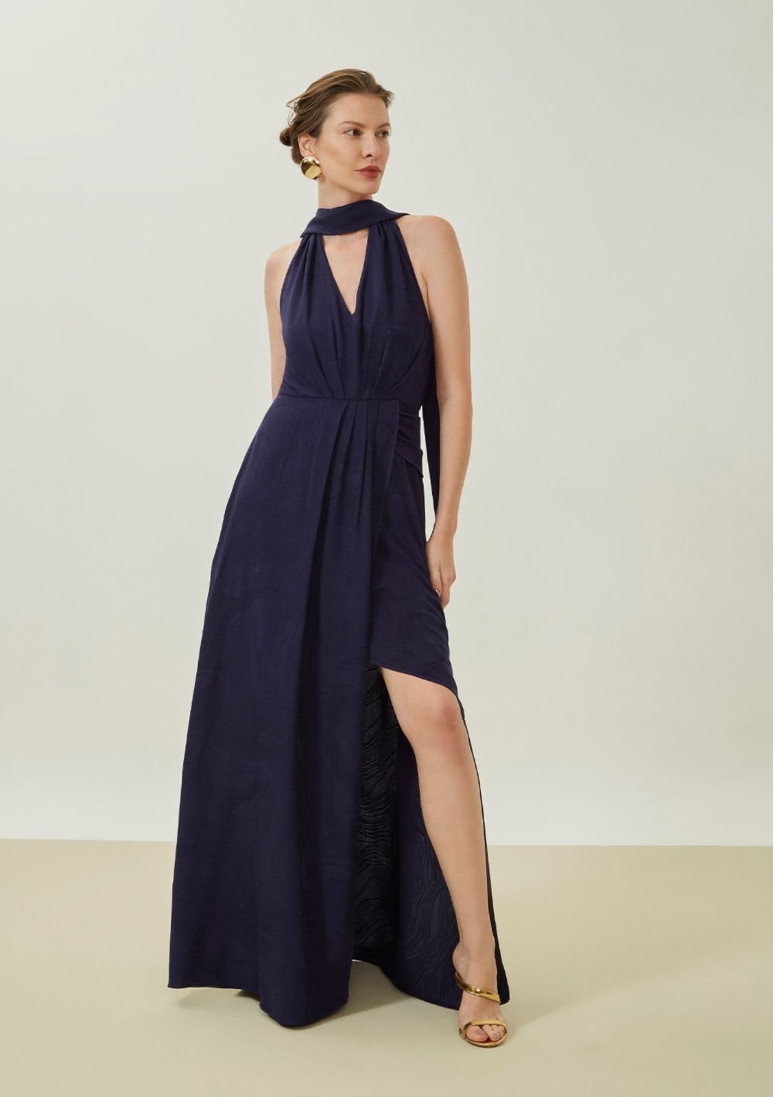 Vestido Maria Valentina Solto Decote V Sem Manga Longo Azul Marinho