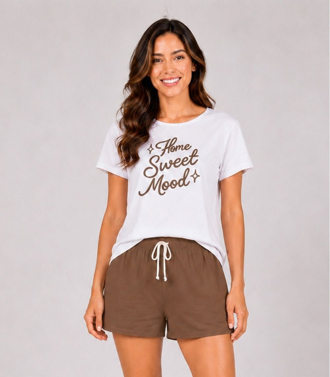 Pijama Feminino Blusa E Short Infinita Cor Marrom