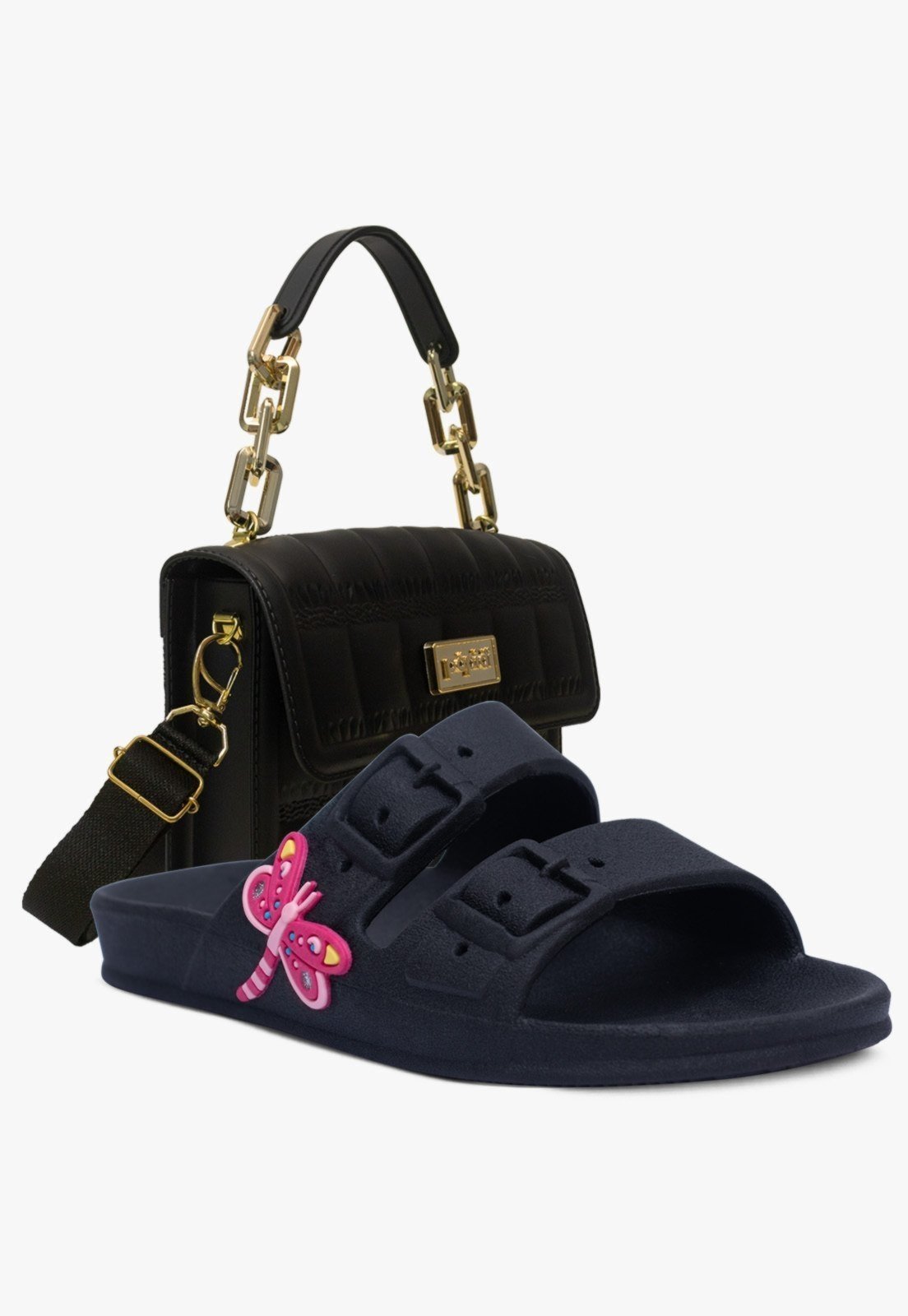 Infantil – Kit Bolsa e Chinelo Sandalia Papete Feminina Pópidi Preto