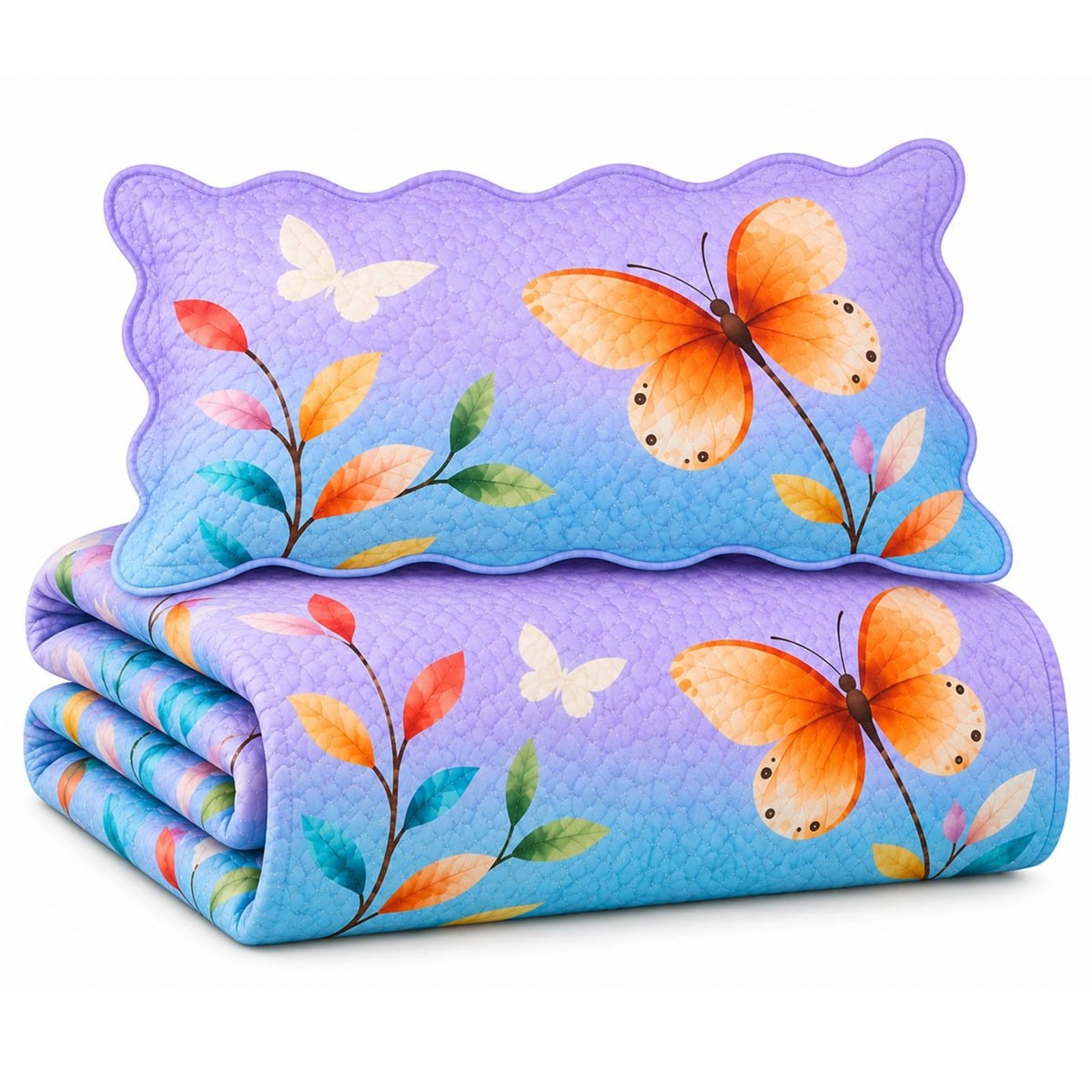 Kit Cobre Leito Solteiro Aquarela 2 Peças Colcha Estampado Borboleta Lilás