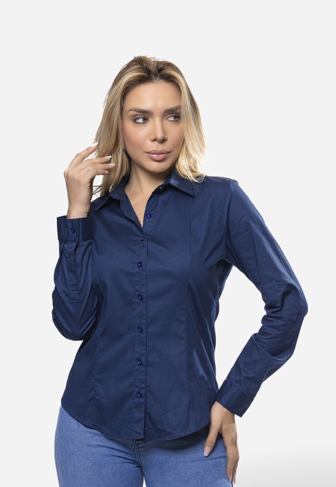 Vista 3 Camisa Feminina Manga Longa azul marinho azul marinho