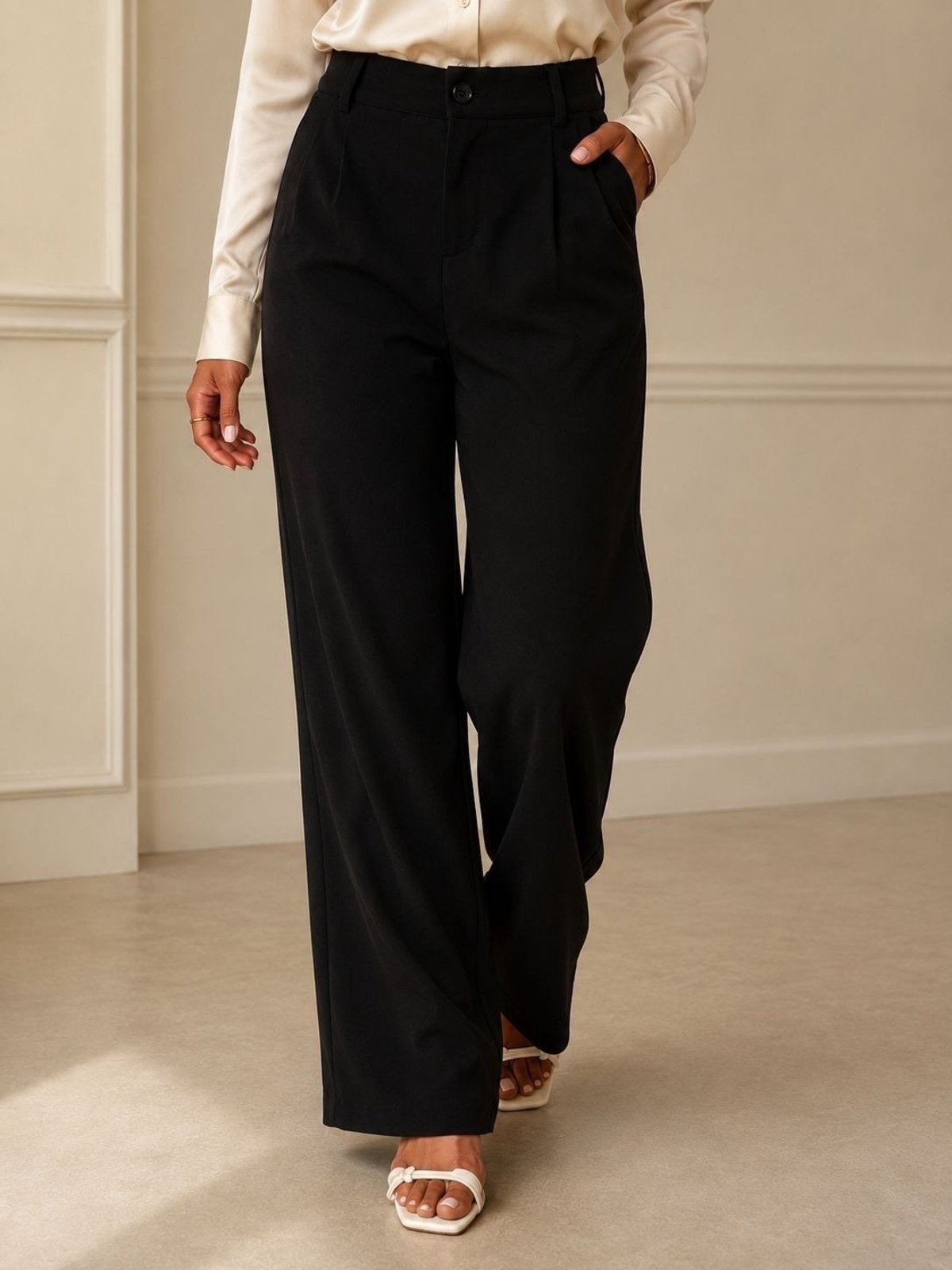 Calça Suede SKR Moda Feminina Pantalona Preta Com Bolso Cintura Alta