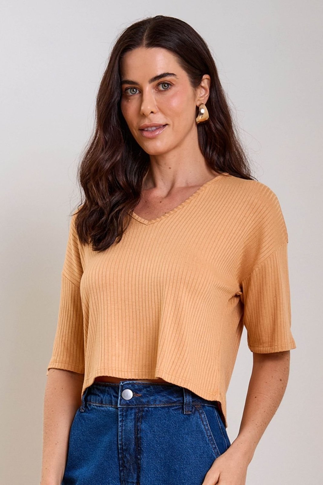Blusa Feminina Comfy Canelada Decote V Marialícia Laranja