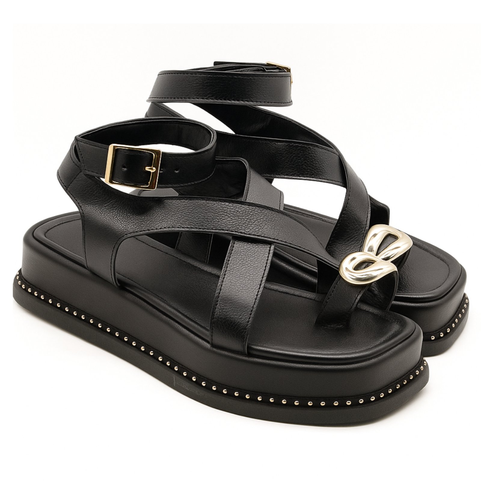 Sandália Flatform Feminina Papete Flor da Pele Tiras Fivela 23403 Floter Preto Flor Da Pele