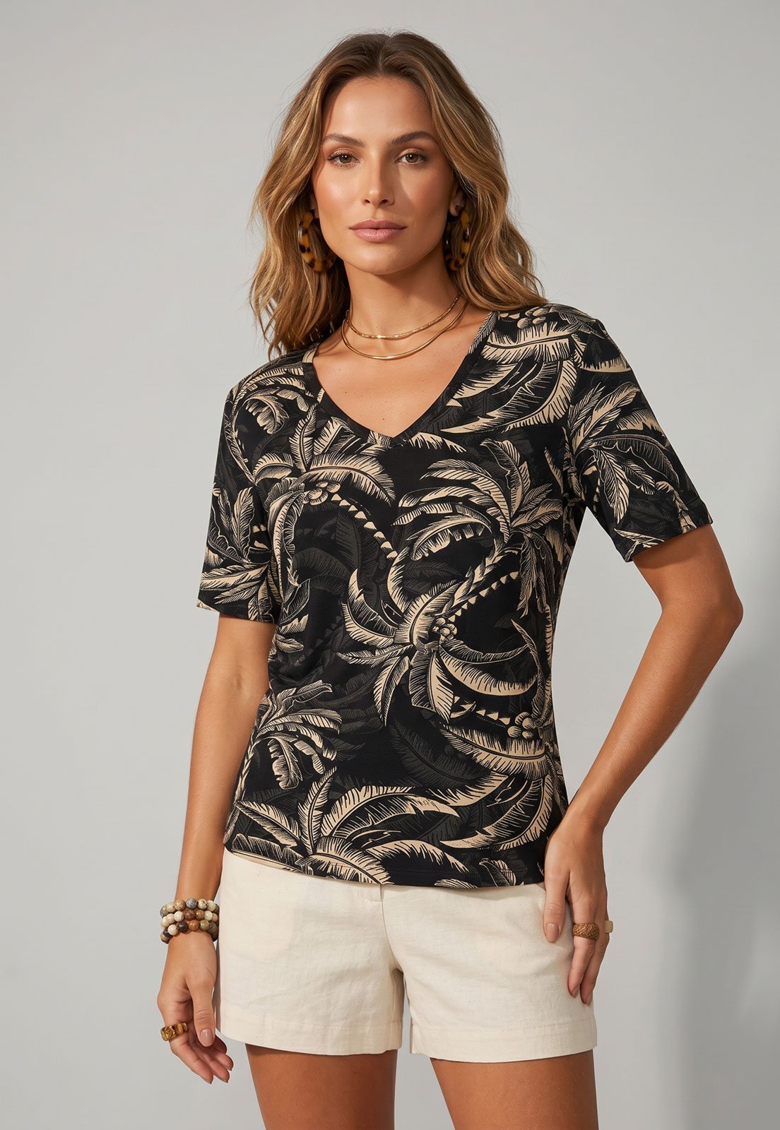 Blusa Feminina Lez a Lez Estampa Folhagem Preta