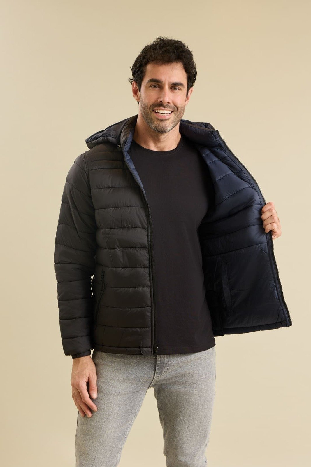 Jaqueta Masculina Puffer Dupla Face Capuz Removível Dialogo Preto e Marinho