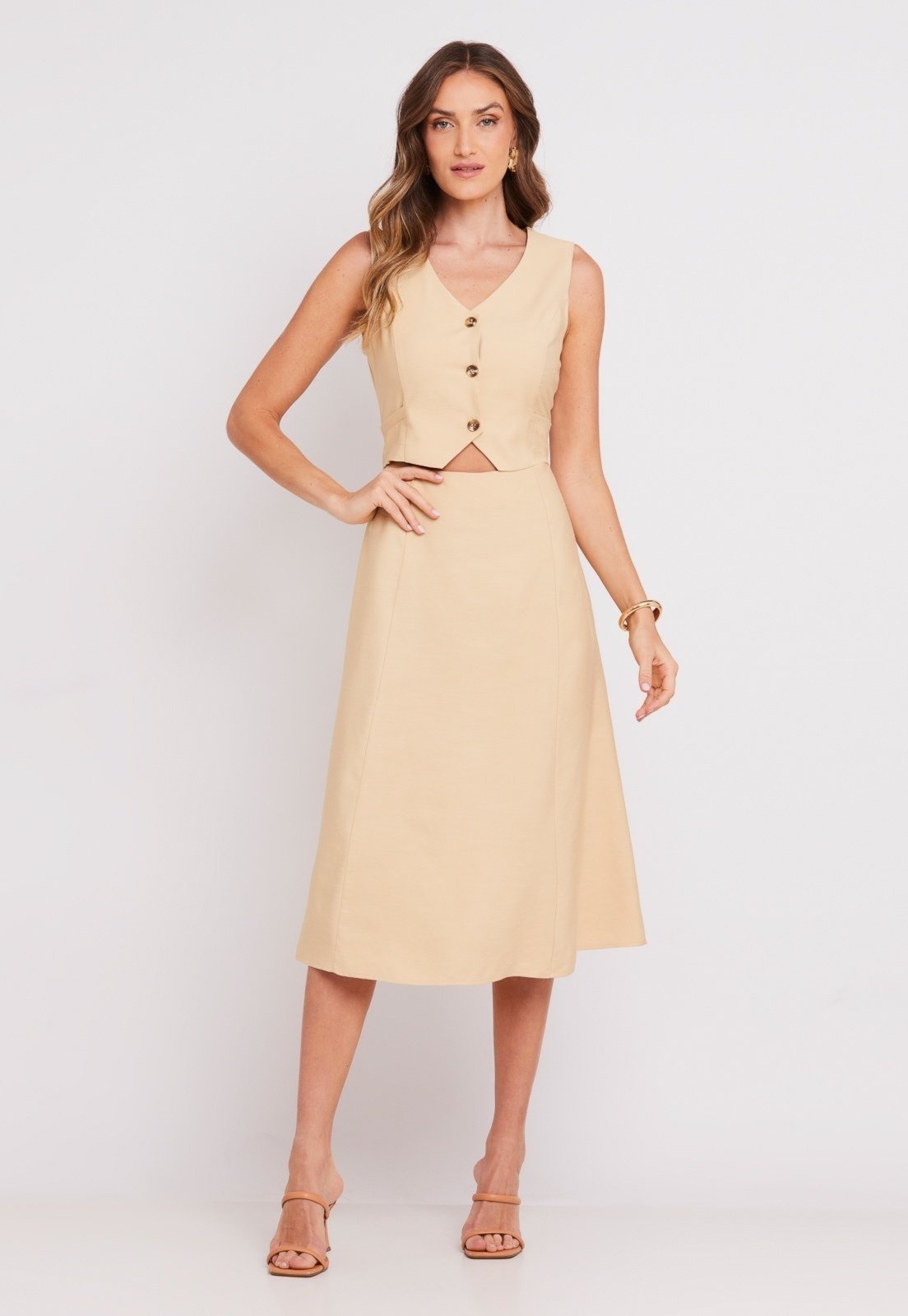 Vestido Midi Crepe Rústico Slub Bege Miss Joy 8191 Feminino