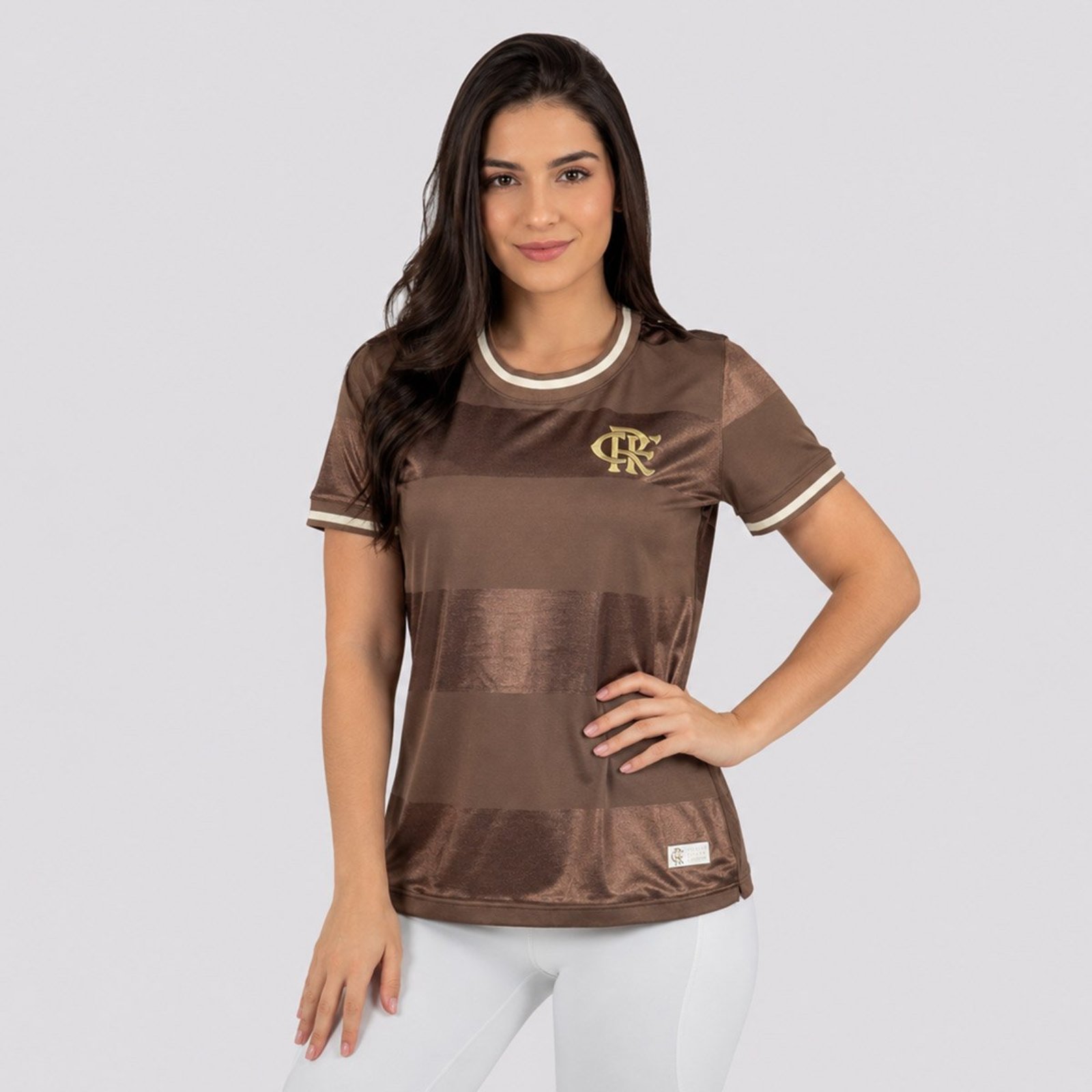Camisa Baby Look Flamengo Jacquard Feminina Marrom