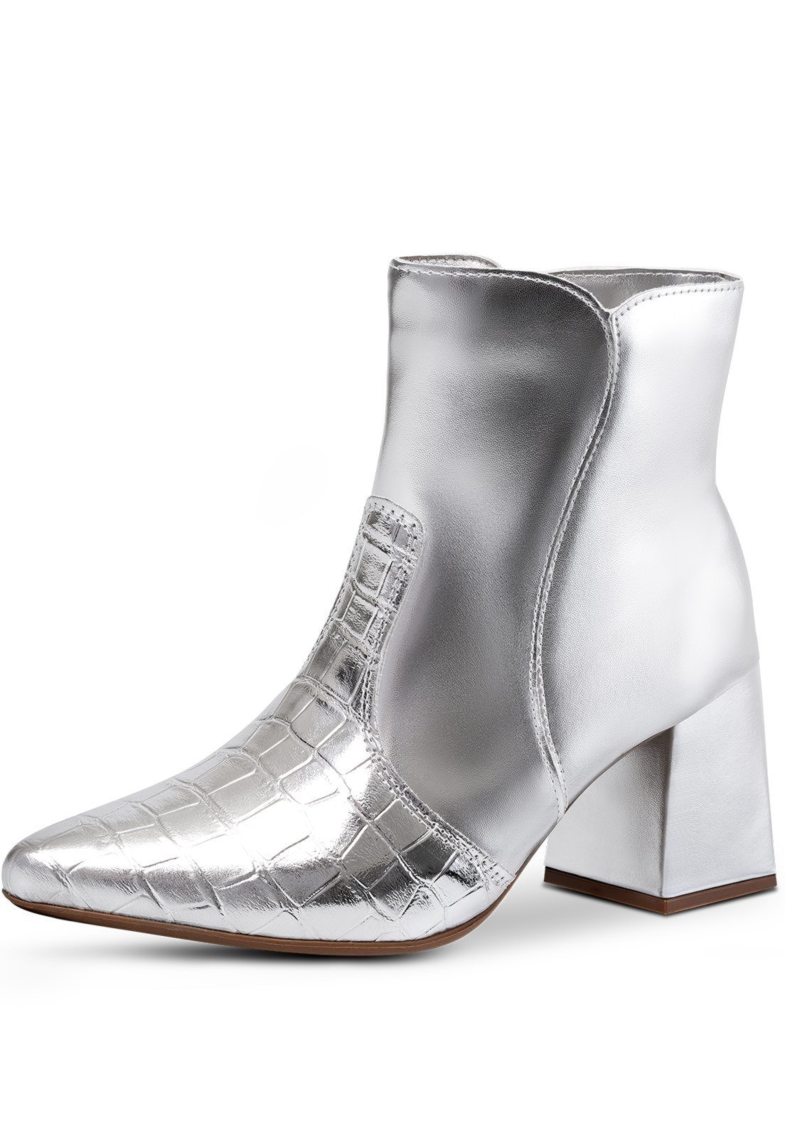 Bota Feminina Salto Bloco Lumiss Western Bico Fino Texana Cano Curto Metalizado Prata
