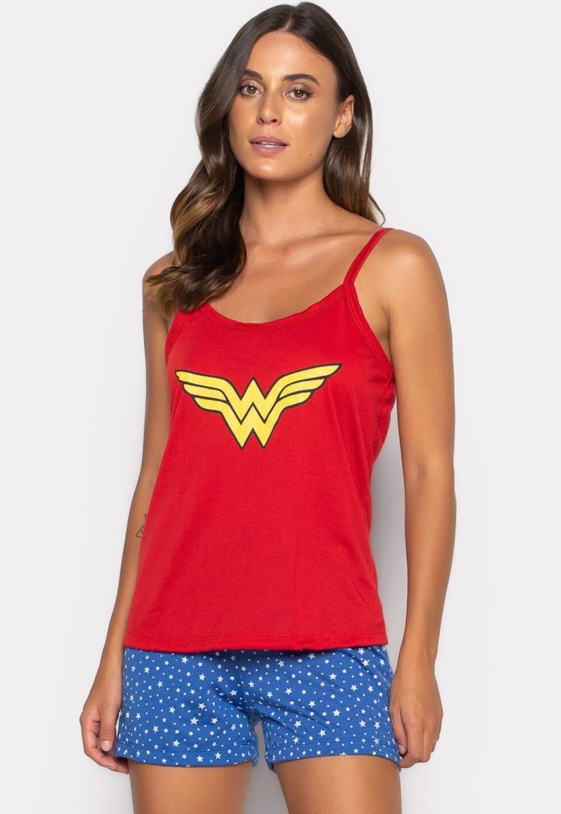 Pijama Mood Modas Curto Adulto Baby Doll Heróina Mulher Maravilha 003 Azul