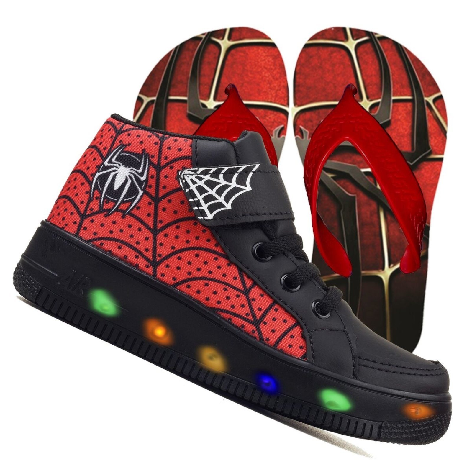 Infantil – Kit Tênis De Led Botinha Aranha Preto Meninos Chinelo