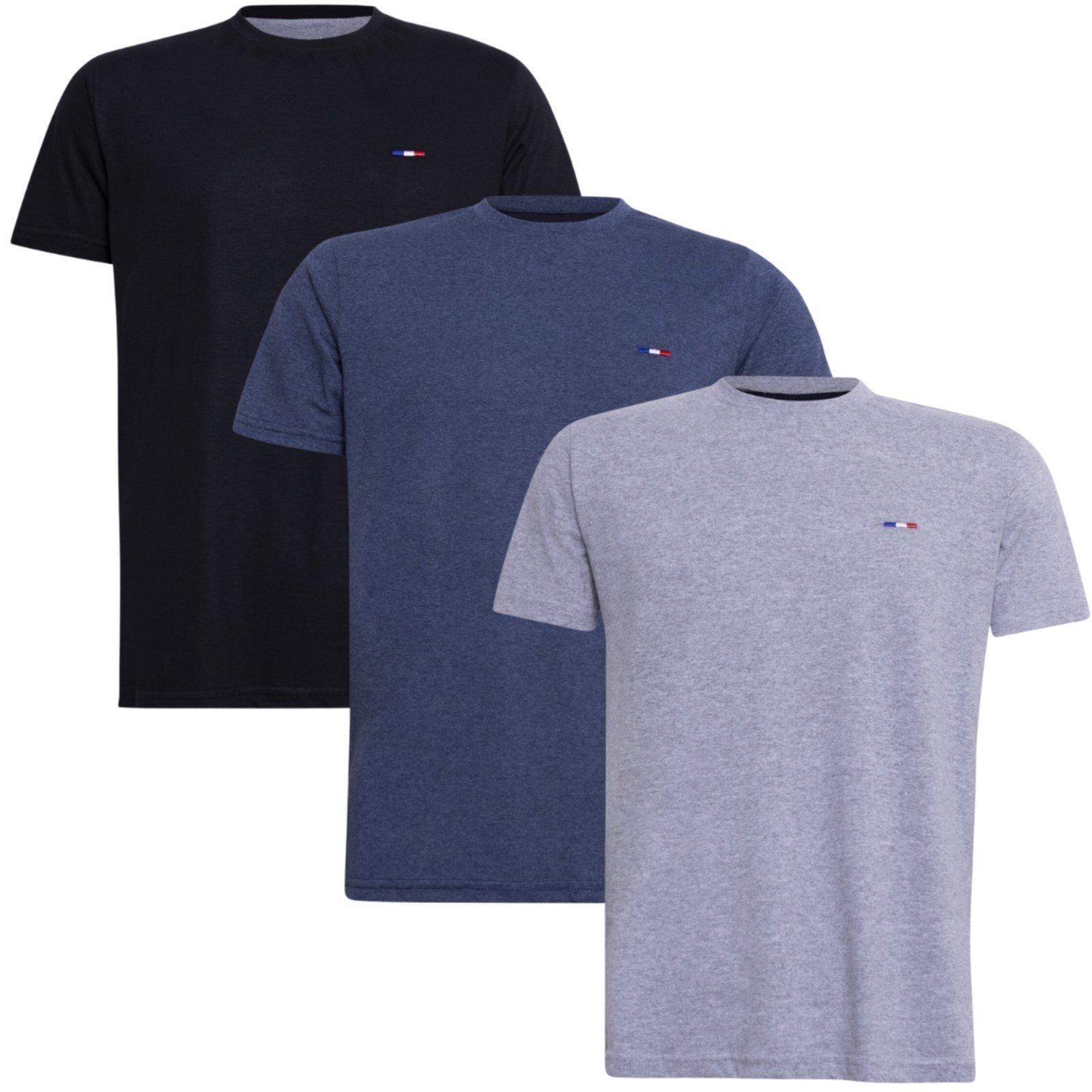 Vista 2 Kit 3 Peças Camisetas Básicas Masculina FMF Preto Cinza Azul Mescla em Algodão Premium no Estilo Tommy Bordado França preto azul FMF preto azul