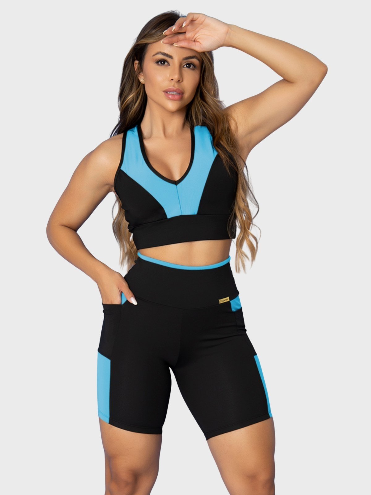 Conjunto Fitness Tarelles Top Short Bolso Preto e Azul Céu