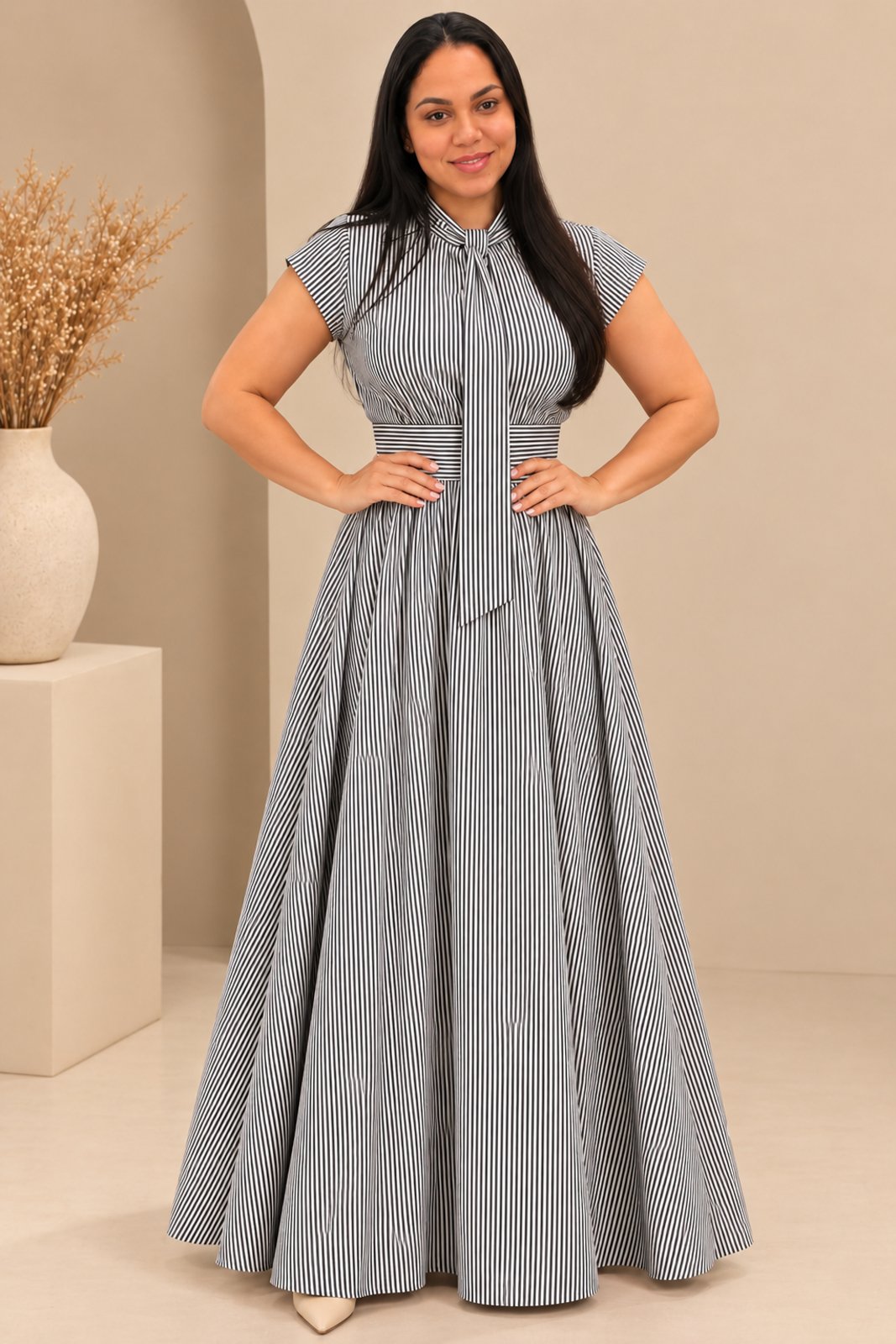 Vestido Longo Feminino Elegante com Gola Laço Gravata Cintura Marcada Saia Fluida Sofisticado Festas