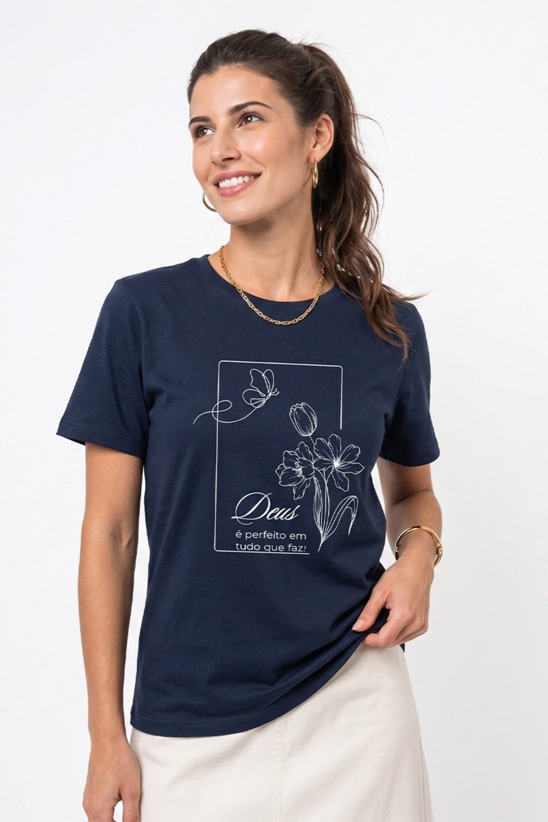 Camiseta Cianitas Azul Marinho Estampa Deus é Perfeito
