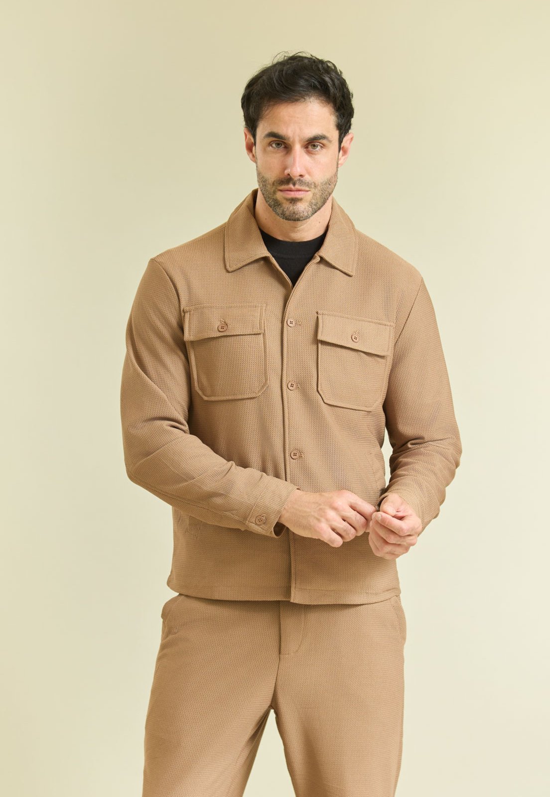 Camisa Waffle Masculina Manga Longa em Poliéster Dialogo Marrom