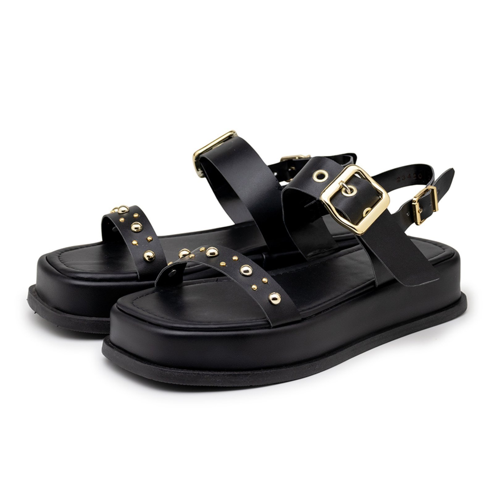 Sandália Feminina Flatform Papete Tiras Fivela 23420 Preta Preto